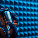 A podcasting microphone in a recording studio