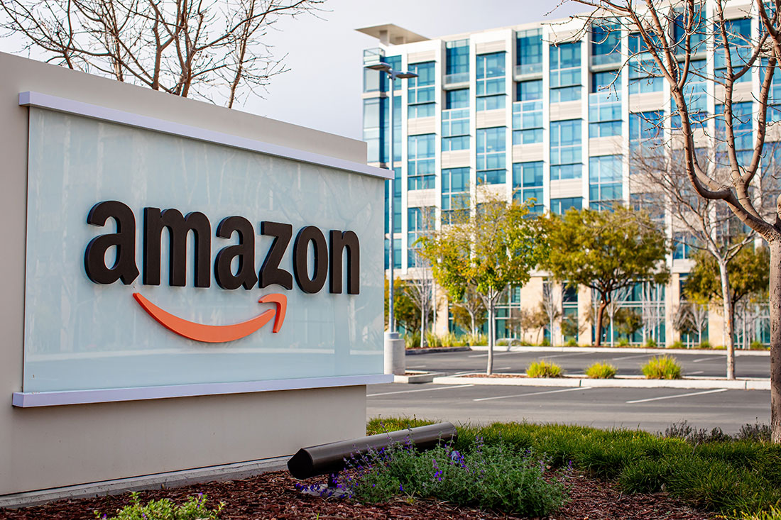 Amazon logo and sign displayed in front of the company corporate offices