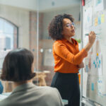 Woman brainstorming and writing notes and ideas on a whiteboard