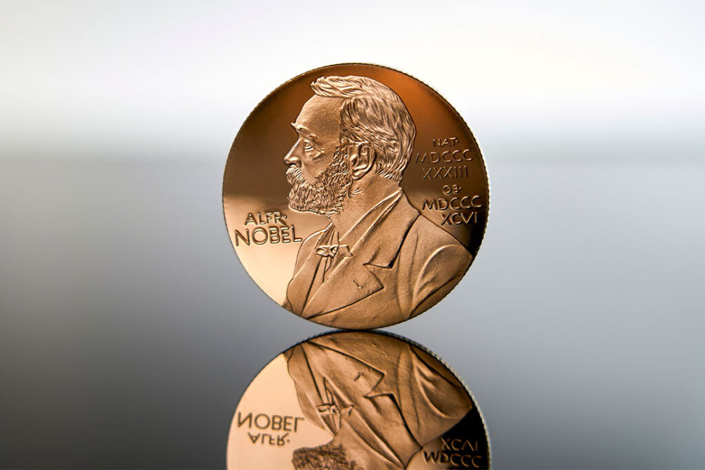 Close-up of a copy of the Nobel Prize medal.