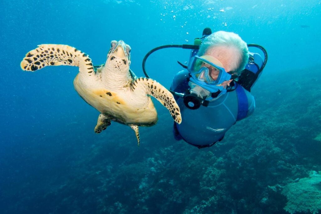 Older man scuba diving looking at sea turtle at Jean-Michel Cousteau Resort, Fiji
