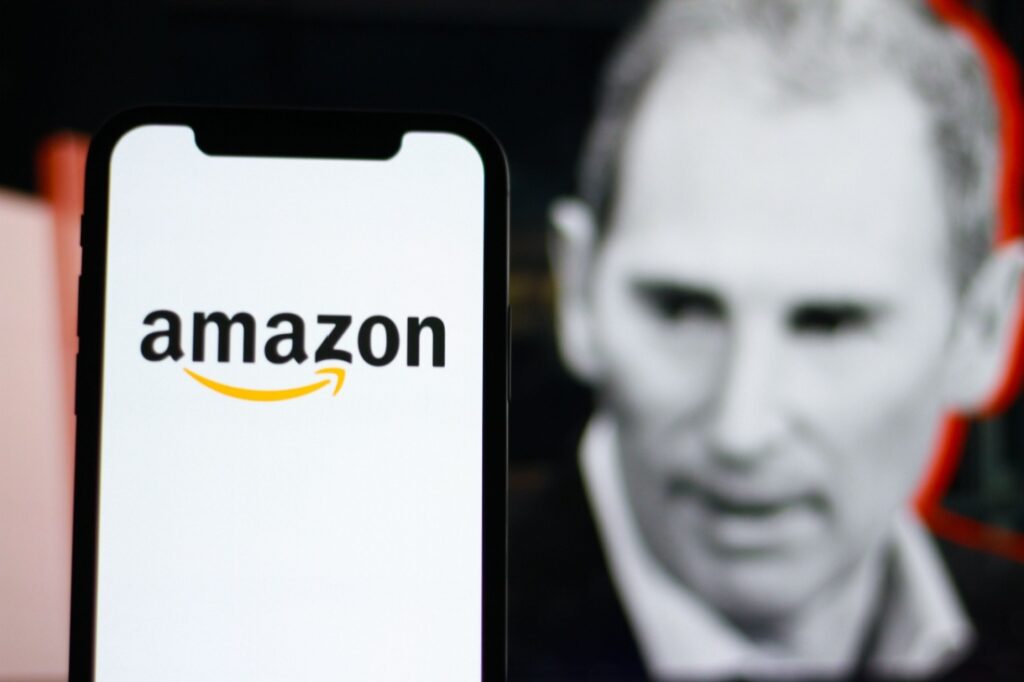 Amazon CEO Andy Jassy and a phone running the Amazon app